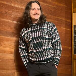 VINTAGE 80s Confetti Sweater Size XL Grandpa Core Retro Plaid Pullover